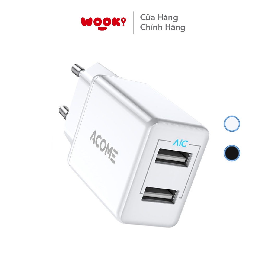 Củ sạc 2 cổng USB ACOME AC03 sạc nhanh 2.4A tương thích với nhiều dòng điện thoại Android IOS Hàng Chính Hãng