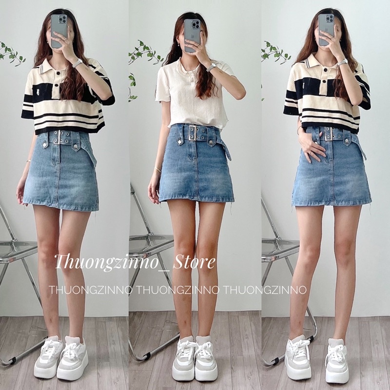 [Ảnh thật/Video] Chân váy jean kèm đai to Lưng Cao Form Ôm Kiểu Dáng Hợp Thời Trang Chân vây bò