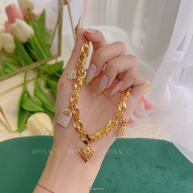Lắc tay xoắn lá 4D phối charm đính đá cao cấp .PTNACC.
