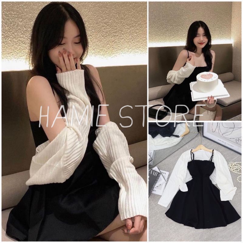 Set đồ nữ hàn quốc váy 2 dây dáng xòe áo cadigan dáng ngắn HNL409, set đồ nữ tiểu thư cá tính mặc rời