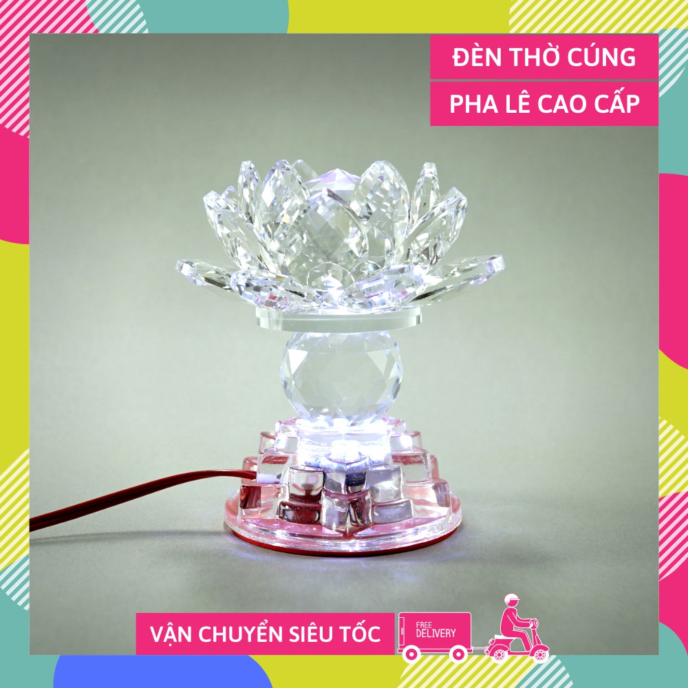 Đèn thờ led cúng điện pha lê nguyên khối hoa sen đổi màu trụ tròn tầng cao cấp - Cao 12cm