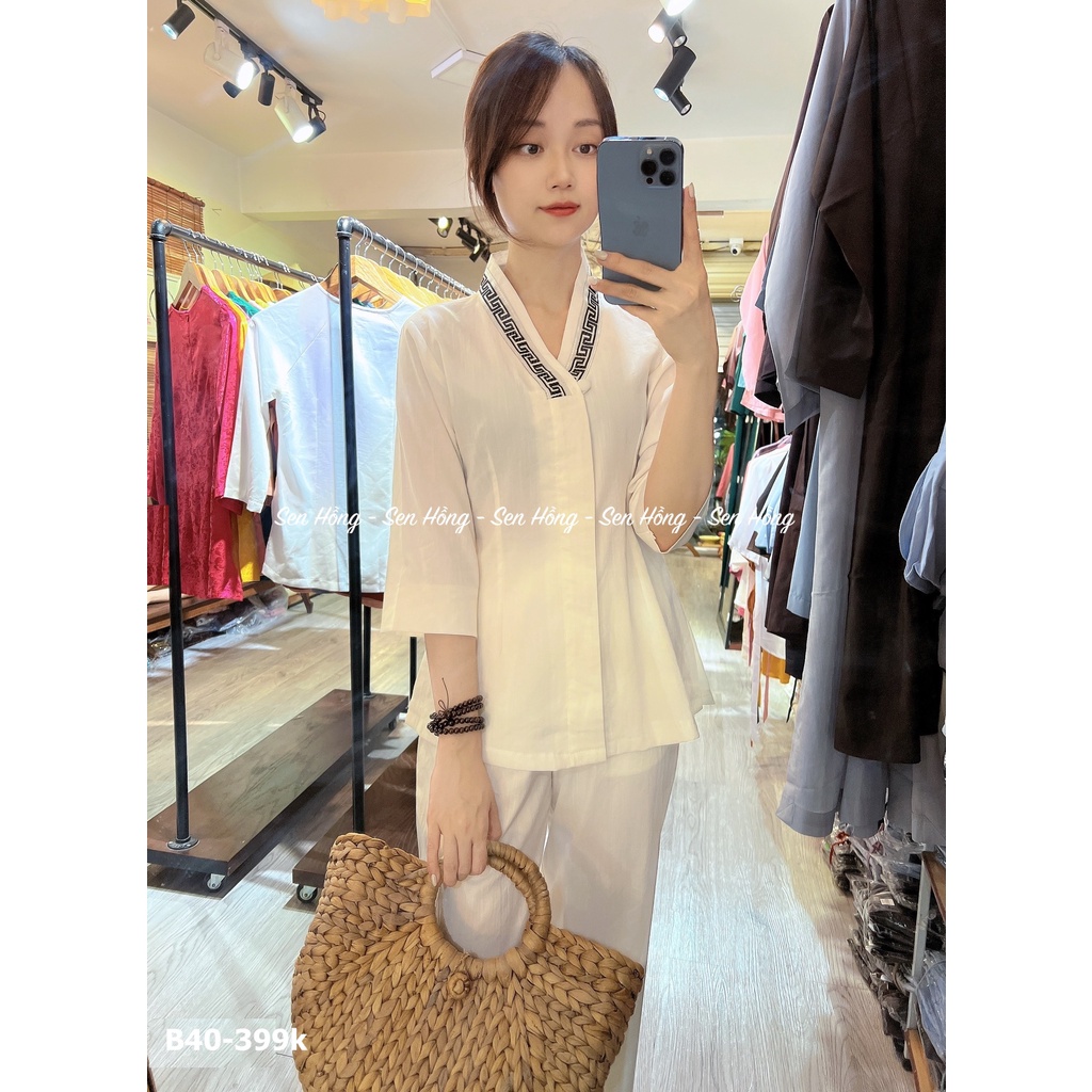 Pháp phục nữ cao cấp - đồ lam đi chùa vải đũi Nhật - áo lam phật tử nữ thiết kế B40