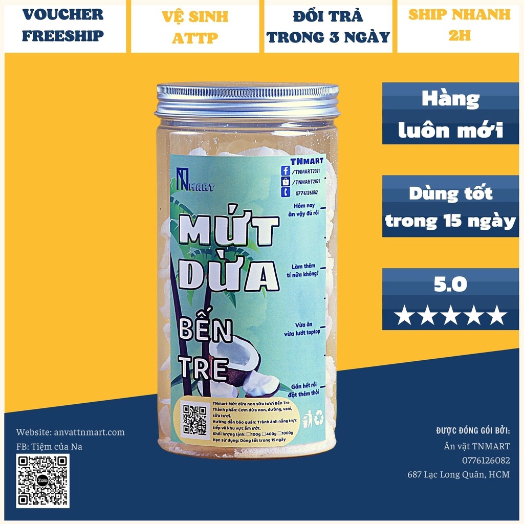 [Mã GROSALE giảm 10% đơn 150K] Mứt dừa non sữa tươi Bến Tre Tnmart 400g
