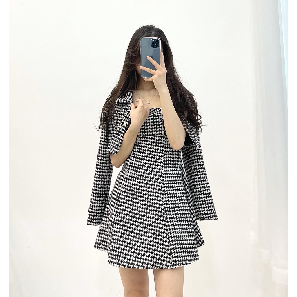 (FREESHIP) set váy dạ 2 dây áo khoác kẻ miho.house