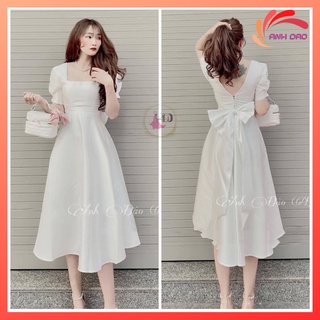 Hình ảnh Váy đầm trắng dự tiệc sang trọng xoè công chúa nơ lưng tay bồng vải taffa kim tuyến cao cấp V0030 cho cô dâu ELY DRESS