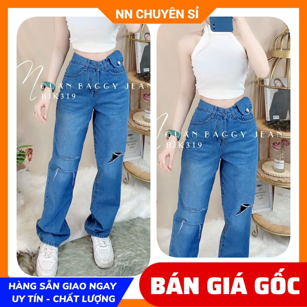 Quần baggy jean ống suông rộng chất jean cao cấp lưng phối kiểu dễ thương BJK319