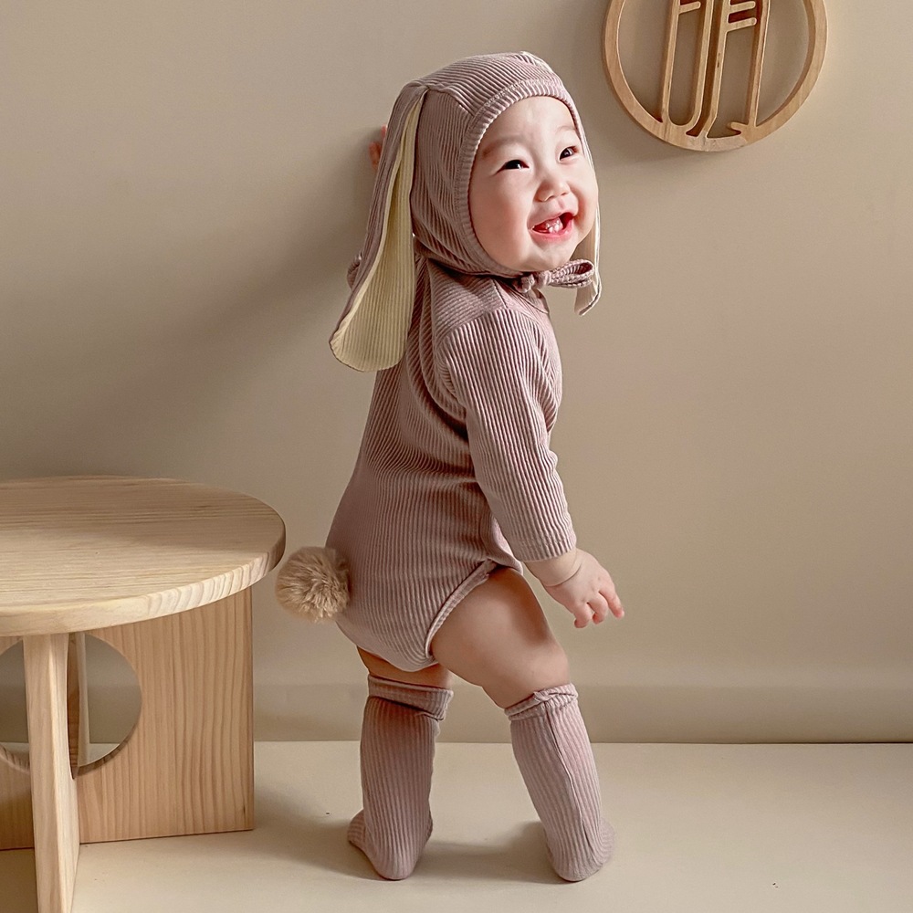 Bộ áo liền thân dài tay phối tai thỏ hoạt hình thời trang mùa thu dễ thương dành cho em bé