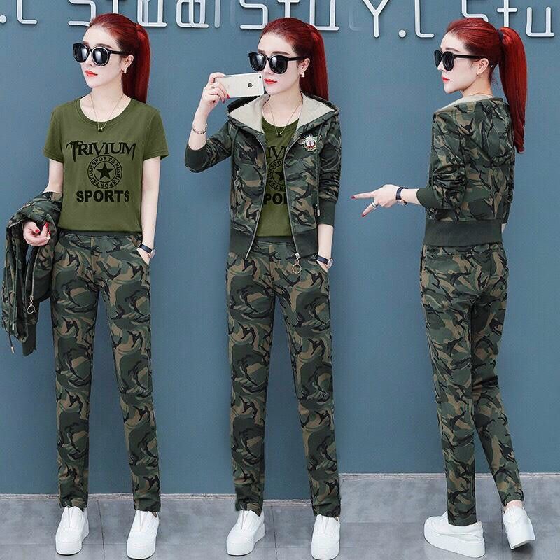 Đồ bộ thể thao nữ thời trang phối lính cao cấp có nón thêu logo đẹp xuất sắc 3 món ( áo khoác có nón, quần và áo thun)