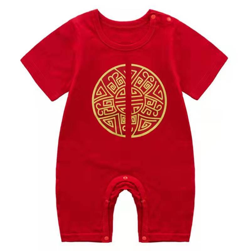 Bộ Áo Liền Quần Tay Ngắn Chất Liệu 100% Cotton In Họa Tiết Hoạt Hình Phong Cách Trung Hoa Cho Bé