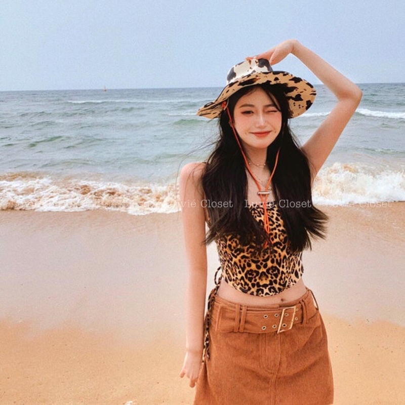 Áo Croptop Hở Lưng Đan Dây Kiểu Yếm Có Mút Ngực Hoạ Tiết Da Beo Ôm Body Sexy Quyến Rũ