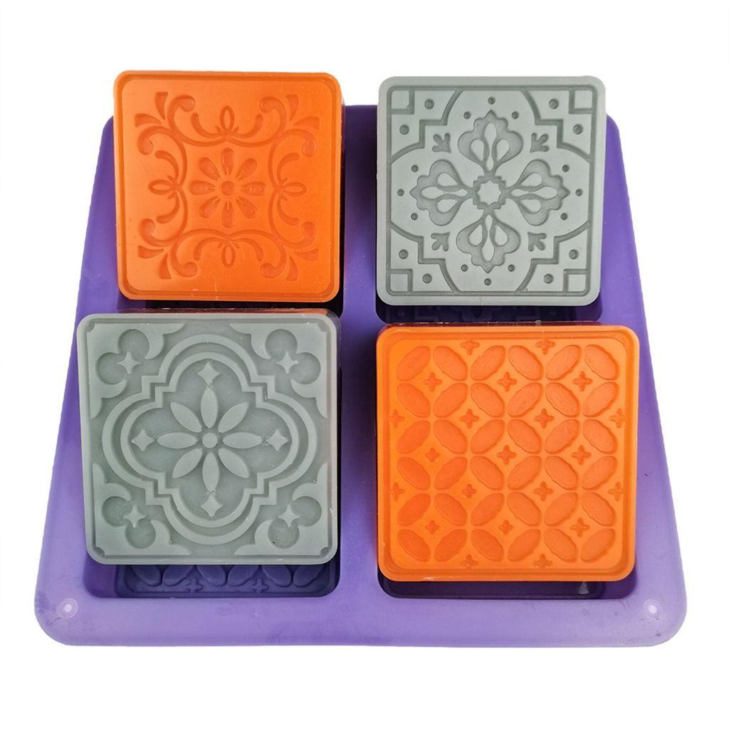 Khuôn Làm Bánh Trung Thu 4 Ngăn Hình Vuông Họa Tiết Hoa 3D