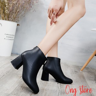 Bốt cao gót nữ bốt đế vuông da vân khóa kéo (xem video)