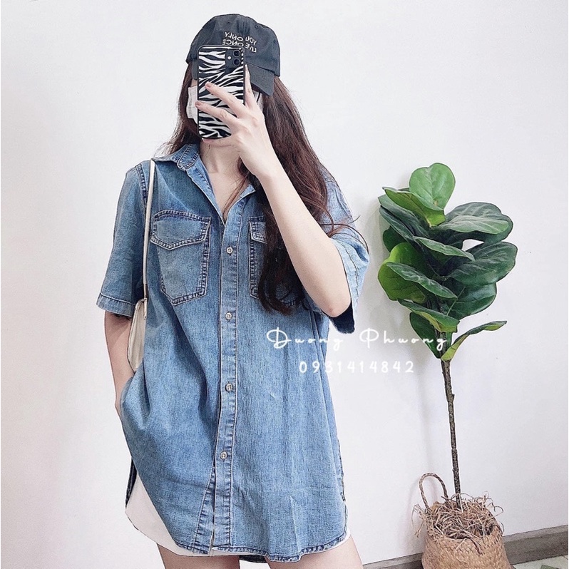 áo sơ mi jean ( áo sơ mi bò) tay ngắn, tay chữ form rộng over size , xịn xò ( hàng sẵn y hình)