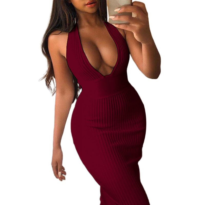 Xiangbao Đầm Maxi Bút Chì Dệt Kim Cổ Chữ V Khoét Sâu Hở Lưng Có Gân Gợi Cảm Cho Nữ