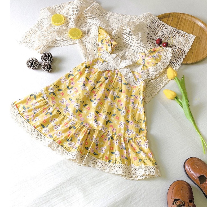 Váy Bé Gái Đính Nơ Ren Họa Tiết Hoa Hè Xinh 4 Màu Dễ Thương, Chất Liệu Mềm, Thoáng Mát V01 - Babi mama