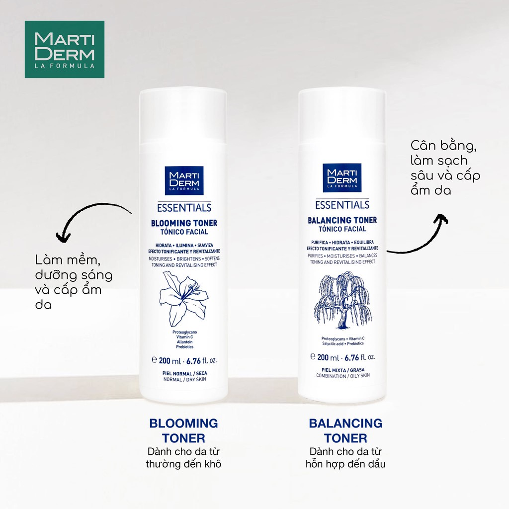 [Hàng Công Ty] Nước Cân Bằng Làm Sạch Da Chứa Prebiotics - Toner MartiDerm Essentials Balancing và Blooming 200ml