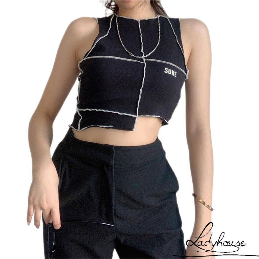 Áo Croptop Không Tay Co Giãn Họa Tiết Hình Học Cho Nữ