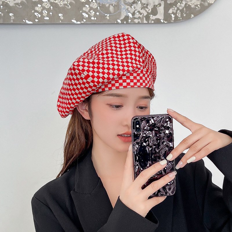 Mũ Nồi Ulzzang Unisex, Nón Beret Họa Tiết Sọc Ca Rô Đen Trắng Cổ Điển Vintage, Phong Cách Hàn Quốc - Iclassy_shoes