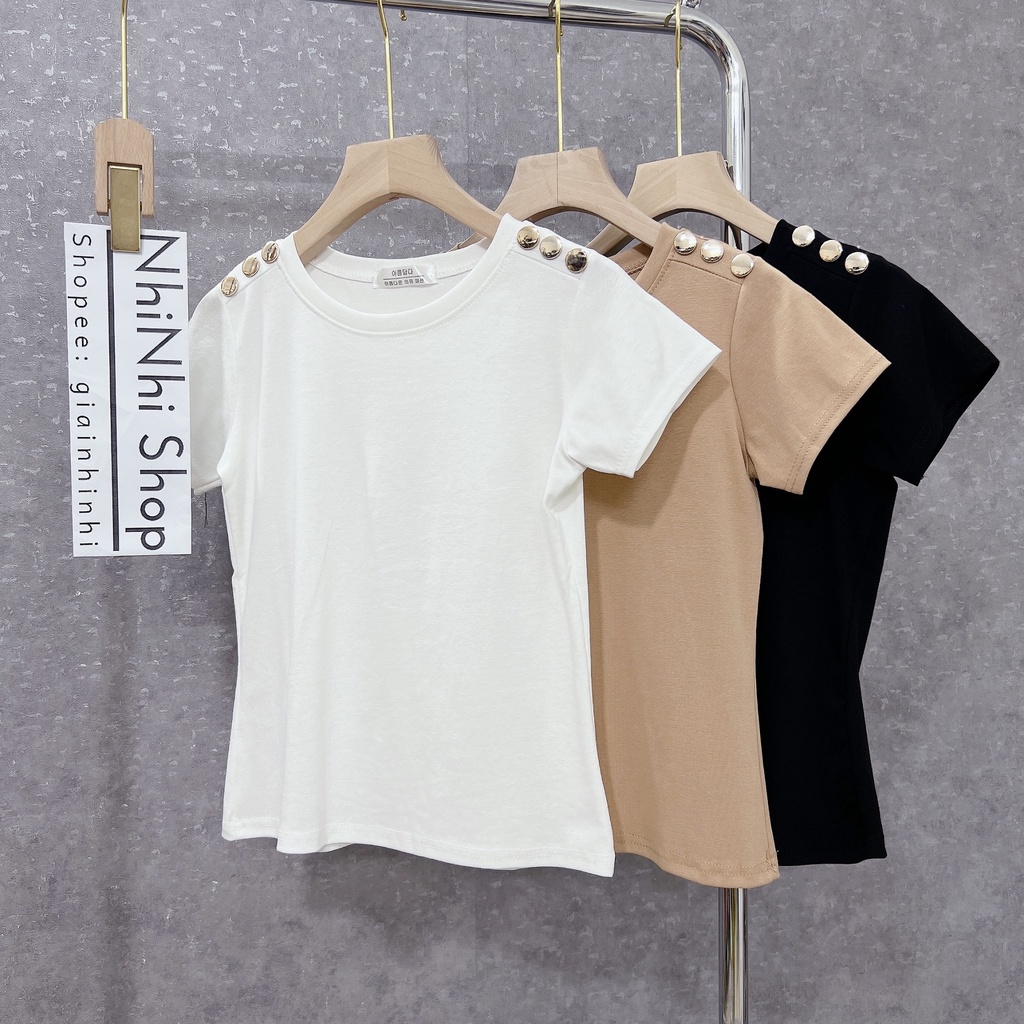 Xả hàng - Áo thun kiểu dáng ôm đính khuy vai, Áo kiểu cổ tròn AT5081 - NhiNhi Shop