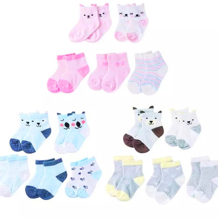 Set 5 đôi tất lưới cổ cao cho bé 0-2 tuổi chất cotton chống trơn trượt hình thú phối màu sắc đáng yêu BBShine – T017