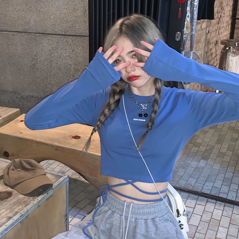 Happy-store ❤️ Áo thun croptop tay dài màu trơn phong cách dây chéo Hàn Quốc cá tính