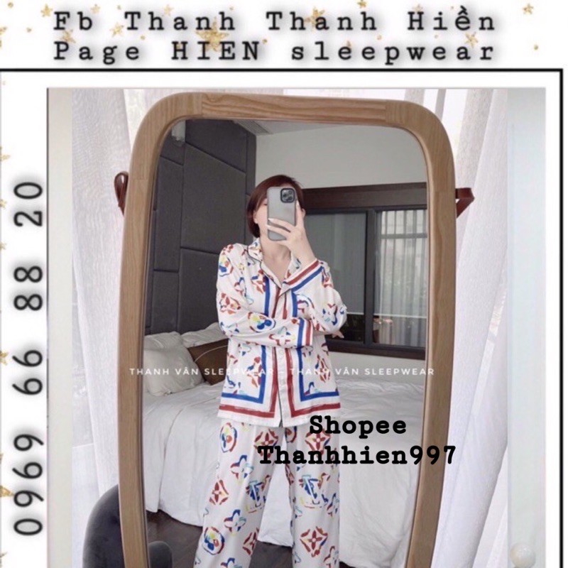 Pijama tay dài quần dài họa tiết L. V trắng lụa cao cấp quảng châu