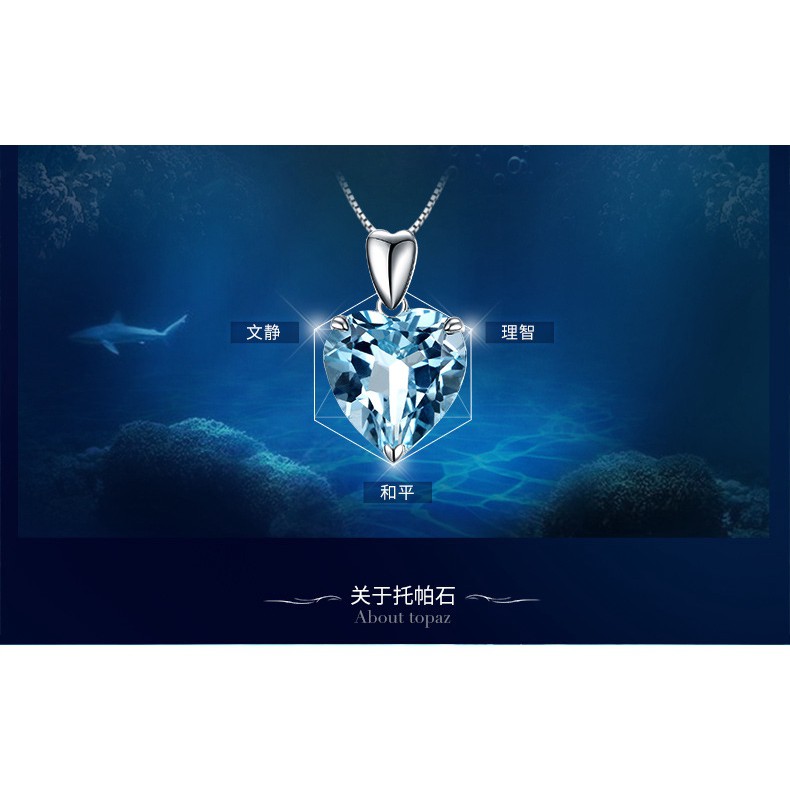 Dây chuyền nữ mạ bạc 925 mặt đá pha lê topaz hình trái tim màu xanh dương tự nhiên qu-3892