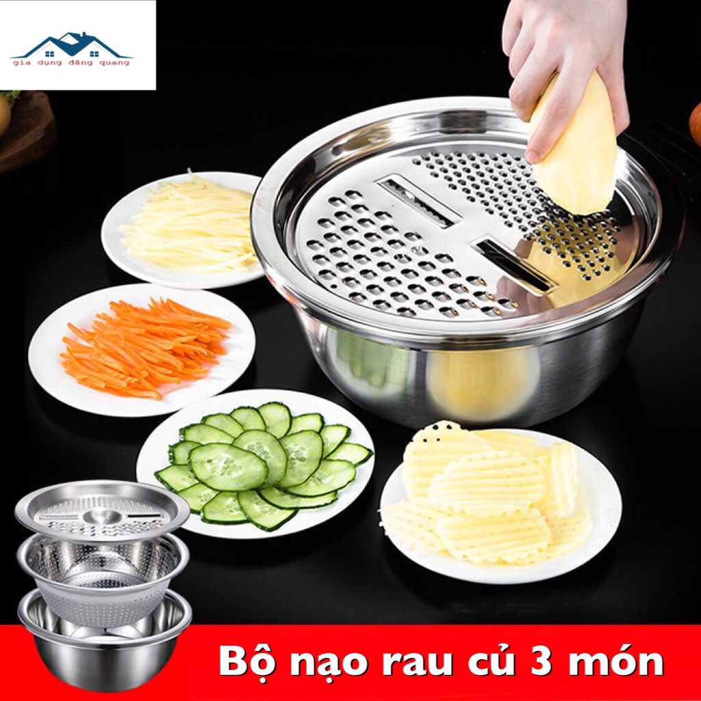 Bộ nạo rau củ 3 món bằng Inox kiêm chậu thoát nước đa năng 3 in 1 siêu tiện dụng siêu tiện dụng