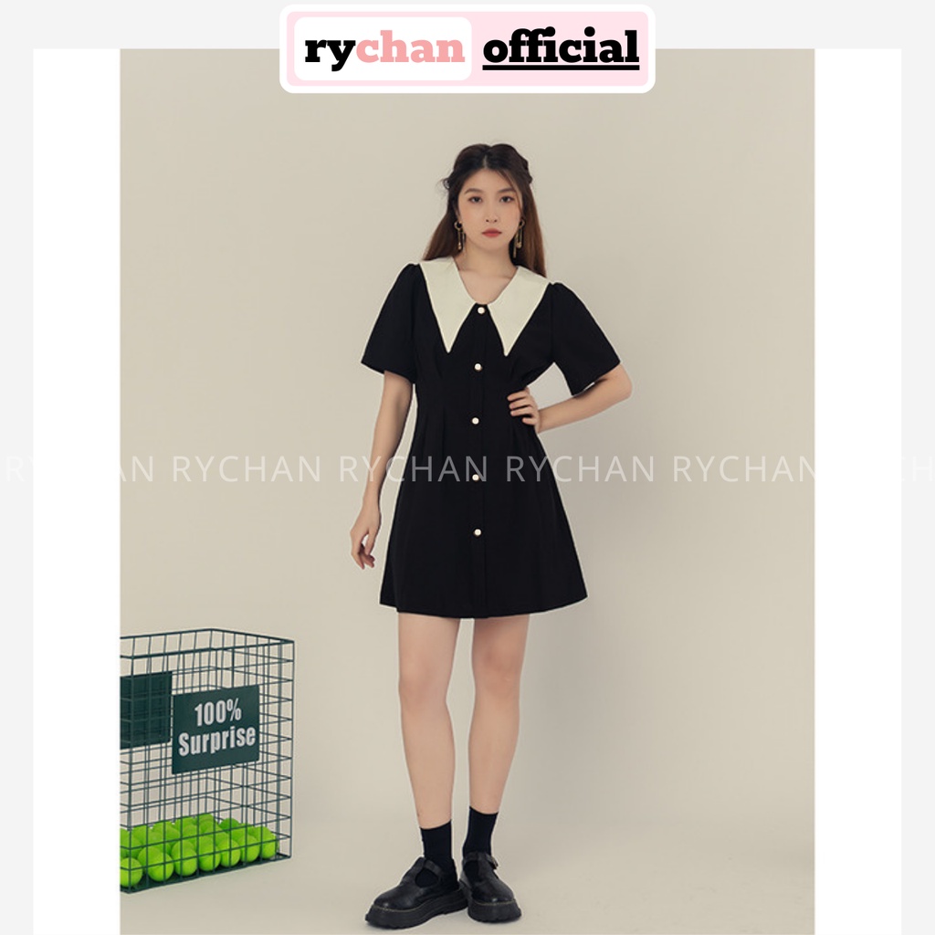 Đầm Đen Tay Ngắn Nút Trắng Chít Eo - DX0159