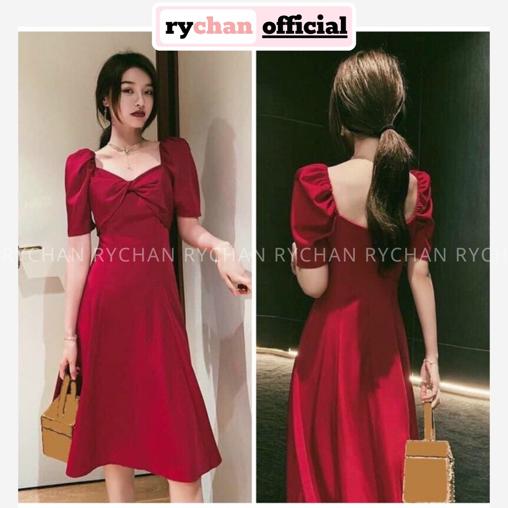 Đầm Nữ Đi Tiệc Âu Dáng Dài Xoắn Cổ Tay Ngắn Bo Eo Cưc Sang Chảnh Màu Đỏ Đô - DX9751