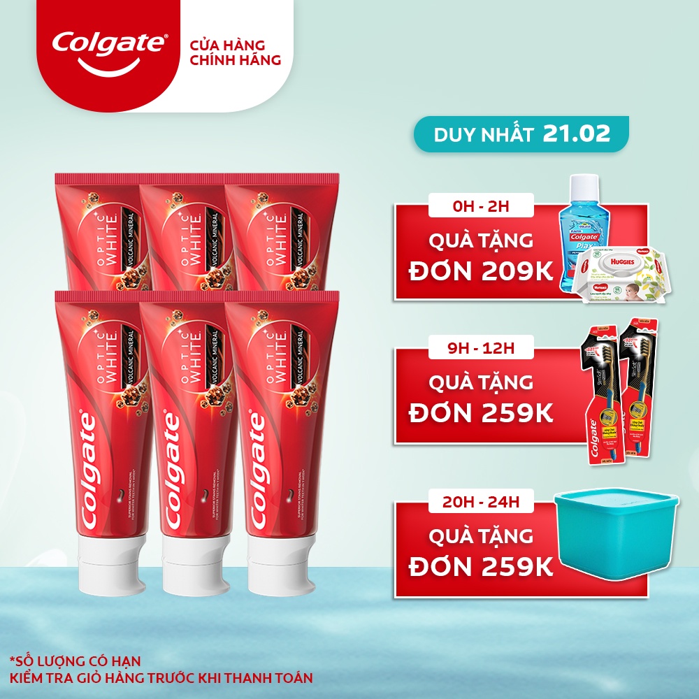 Bộ 6 kem đánh răng Colgate Optic White làm trắng từ khoáng núi lửa Hàn