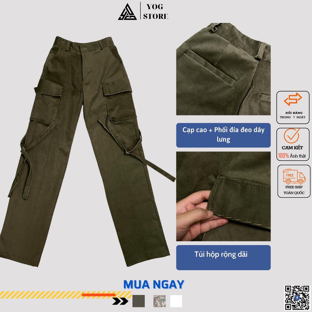 Quần túi hộp ống rộng trắng  Quần Kaki Cargo túi hộp nam nữ chất liệu dày dặn giữ form tốt phong cách âu mỹ
