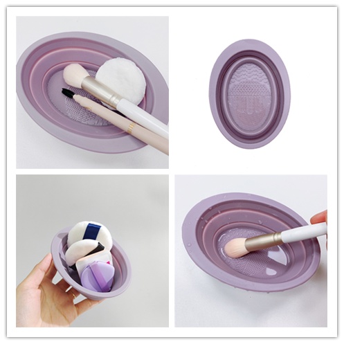 Cod Qipin Đệm Tẩy Rửa Cọ Trang Điểm Dạng Gel Màu Tím Có Thể Gập Lại