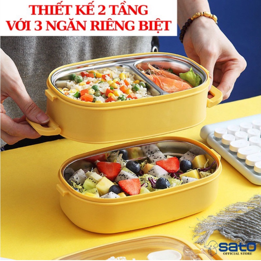 Hộp Cơm Giữ Nhiệt 2 Tầng 3 Ngăn, Chất Liệu Nhựa Lúa Mạch Nguyên Sinh An Toàn Cho Sức Khỏe, Ruột Inox 304 Cao Cấp