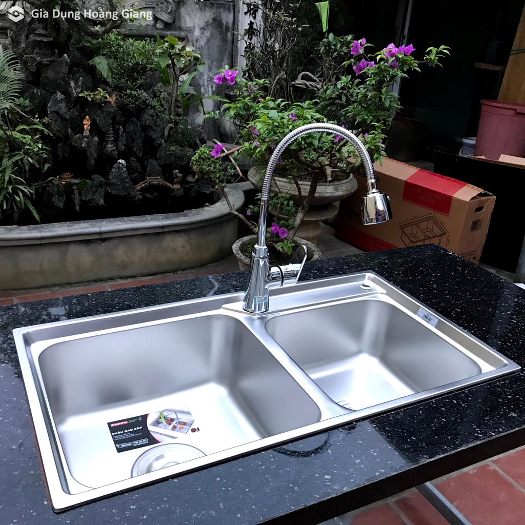 Chậu rửa chén bát 2 hố lệch Sơn Hà S80 inox 304 chính hãng - Bảo hành 5 năm