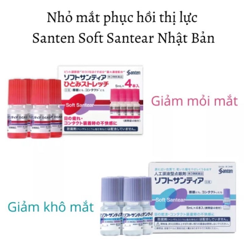 Nhỏ mắt nhân tạo phục hồi thị lực Santen Soft Santear màu hồng, xanh  Nhật Bản