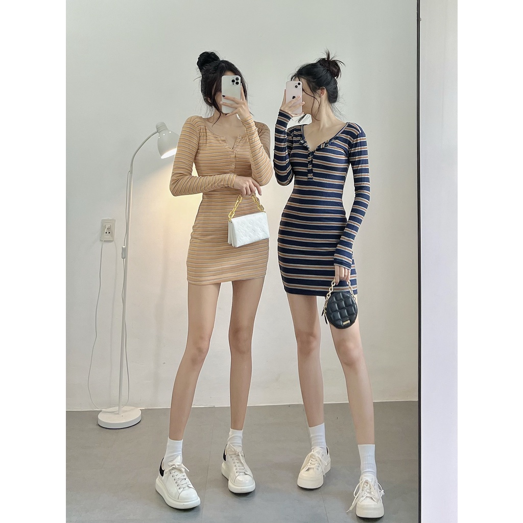 Đầm body nữ tay dài HHVINTAGE kiểu bấm nút Dress A14