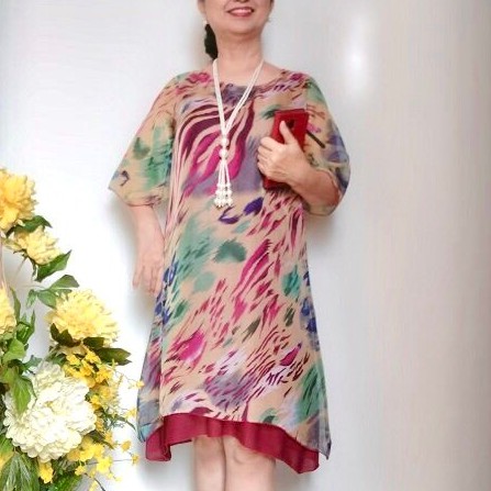 Váy Đầm Trung Niên - Vải Voan Tơ Mỏng - Form A Ngắn Tà Cong - Size Từ 50Kg Đến 70K
