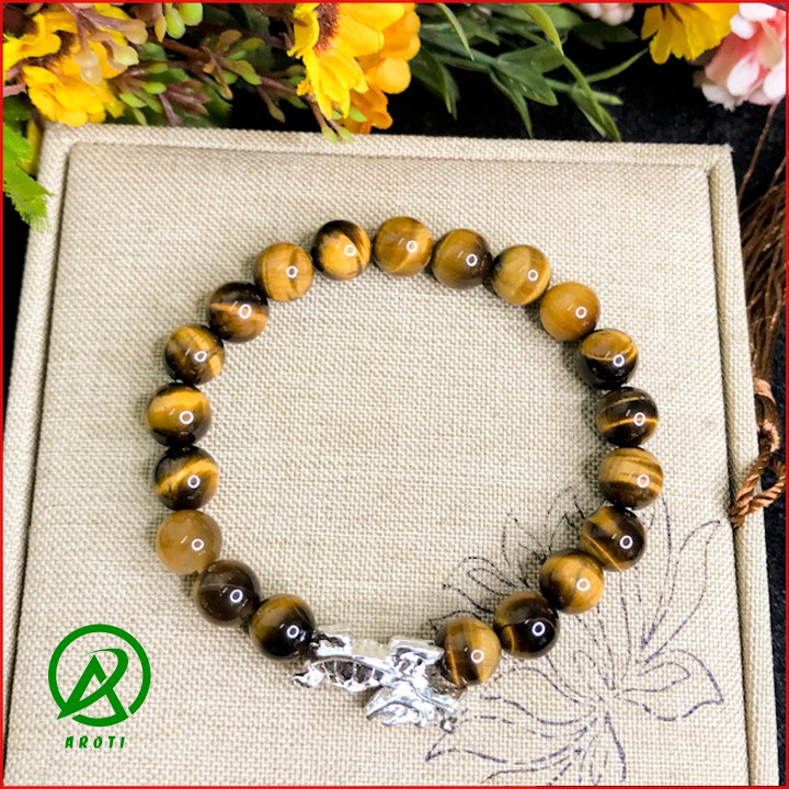 Vòng Tay Phòng Thủy Mệnh Kim-Thổ- Vòng Tay Nam Nữ Đá Mắt Hổ vàng Mix Long Quy Bạc 8mm V386-8