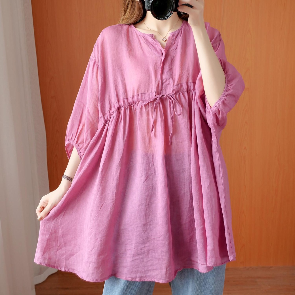 Áo Sơ Mi Cotton Lanh Mỏng Dáng Rộng Cổ Chữ V Phối Dây Rút Thời Trang Mùa Hè Cho Nữ