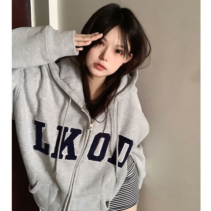 Jiashucheng Áo Khoác Hoodie Có Khóa Kéo In Chữ Phong Cách Hàn Quốc Thời Trang Mới Cho Nữ
