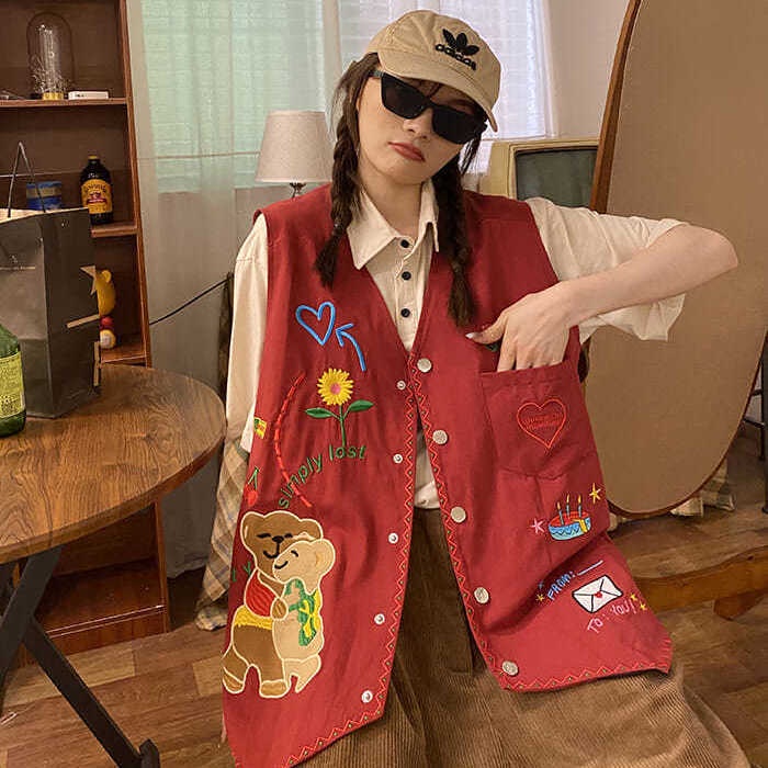 Áo Khoác Sát Nách Dáng Rộng Thêu Hình Gấu Và Hoa Phong Cách Hip Hop Thời Trang Cho Nữ | BigBuy360 - bigbuy360.vn