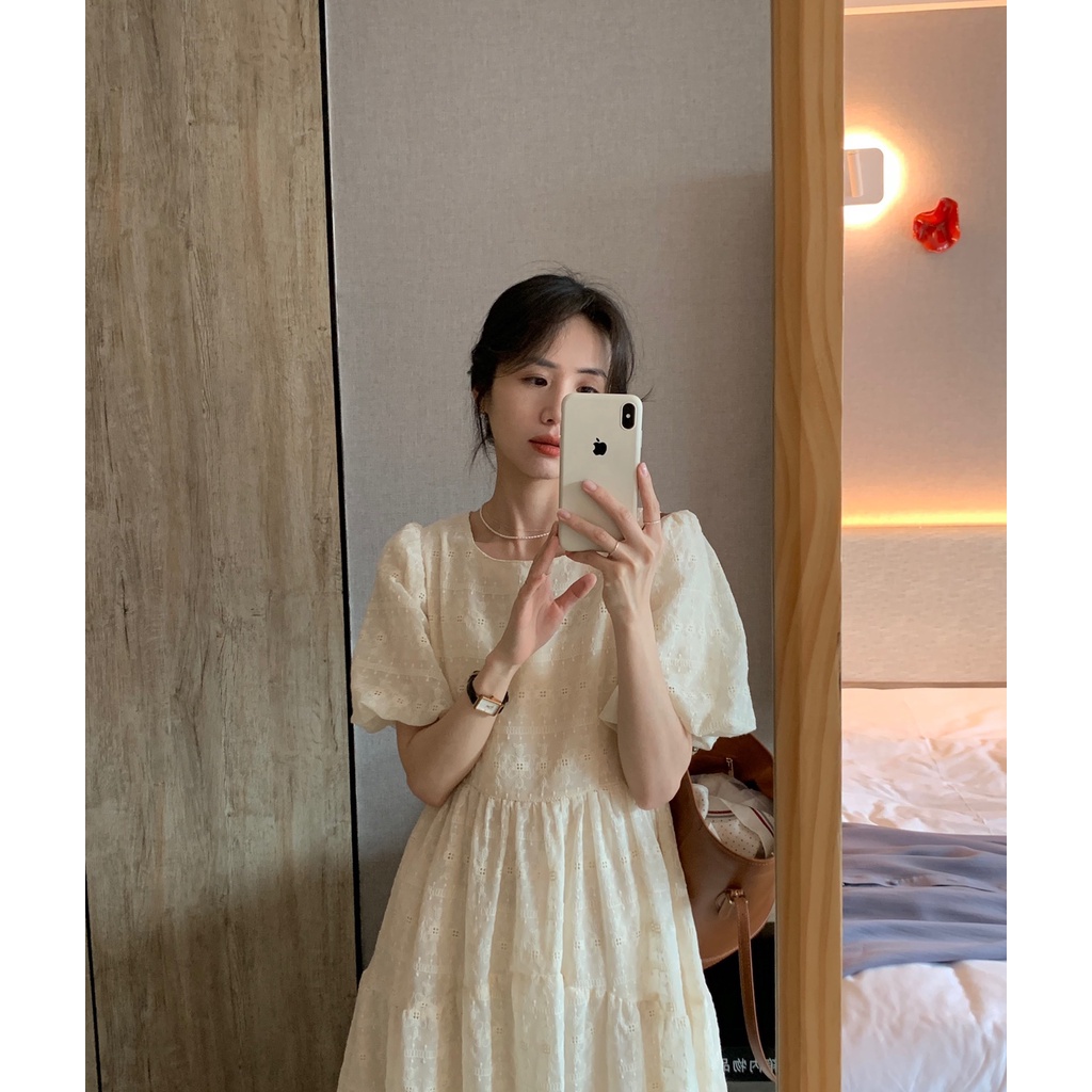 Váy đầm babydoll tay bồng màu be nhạt phong cách thanh lịch - Mao Tử Store