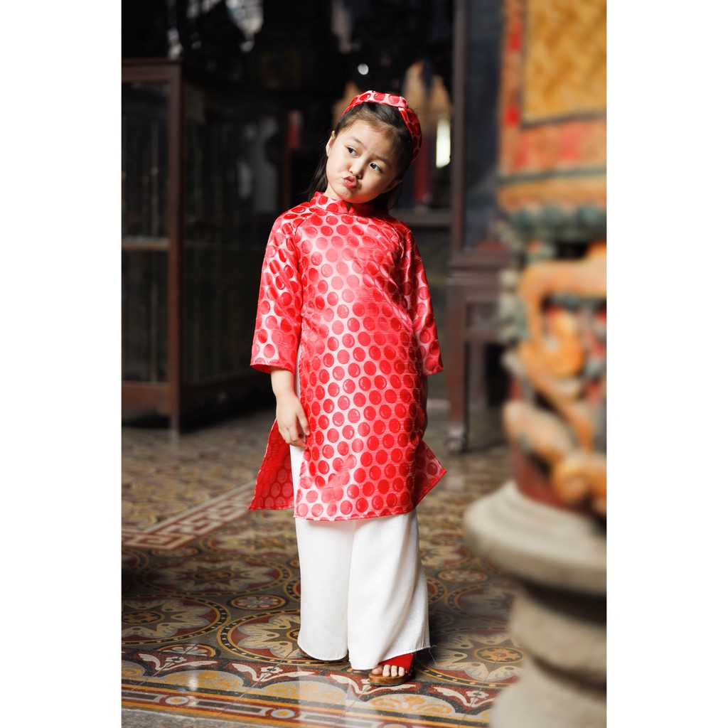 Set áo dài cho bé gái BYZU kiểu áo dài cách tân cô ba Sài Gòn, chất liệu gấm cao cấp họa tiết chấm bi đỏ