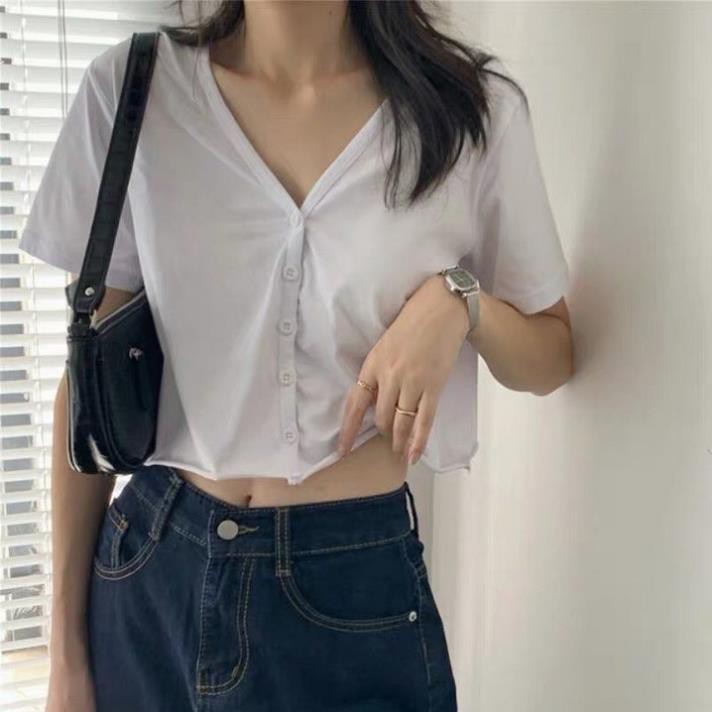 Áo croptop cổ tim cài cúc tay ngắn form rộng xinh xắn Đẹp