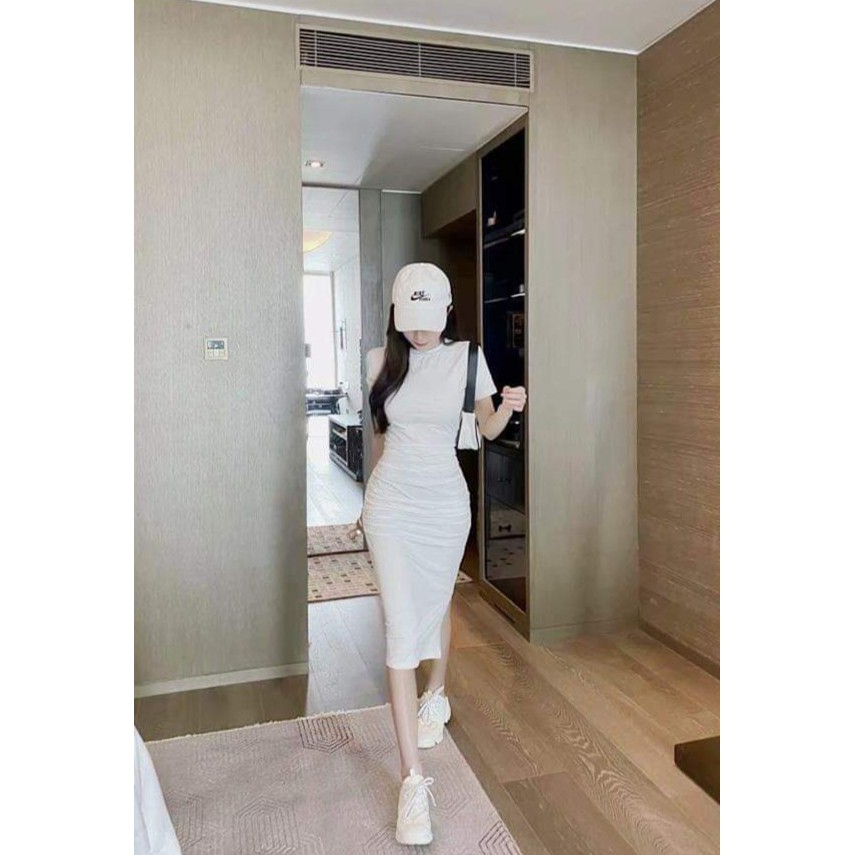 Đầm body cổ tròn tay ngắn xẻ tà 1 bên 2 màu y hình chất thun dày dặn [ VIDEO THẬT- HÌNH THẬT] | BigBuy360 - bigbuy360.vn