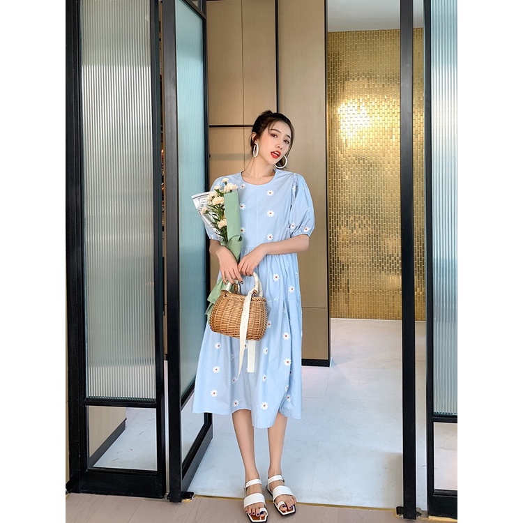 Váy đầm bầu họa tiết hoa thêu thiết kế công sở, dự tiệc cho mẹ bầu phong cách hàn quốc sang trọng lịch sự mới mùa hè