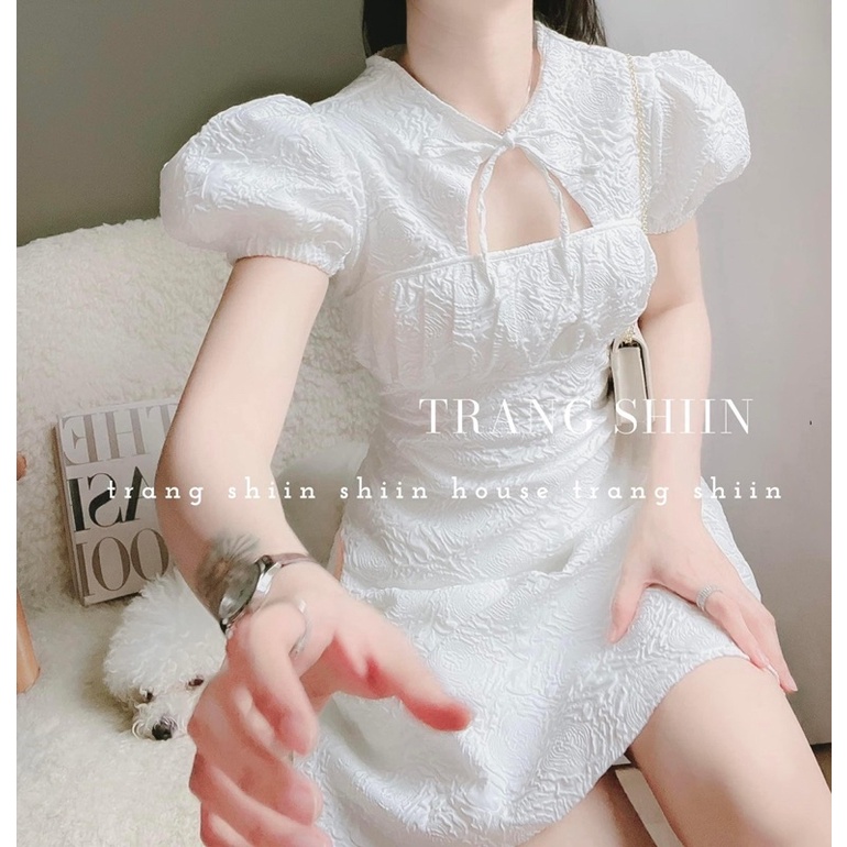 ĐẦM GẤM CUT OUT NGỰC CỘT NƠ CỔ