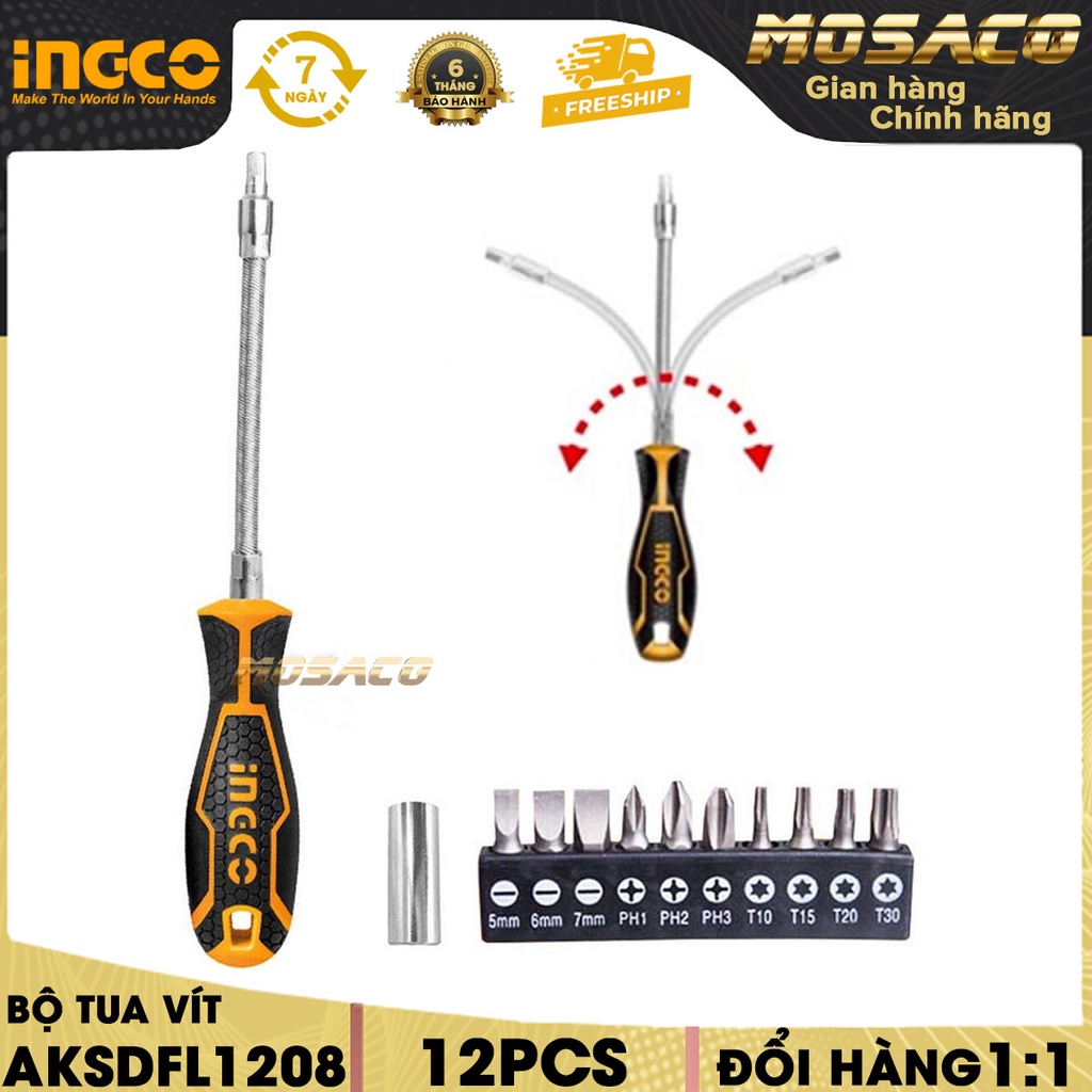Bộ 12 tua vít INGCO AKSDFL1208 thay đổi trục linh hoạt sử dụng một cách thuận tiện- MOSACO