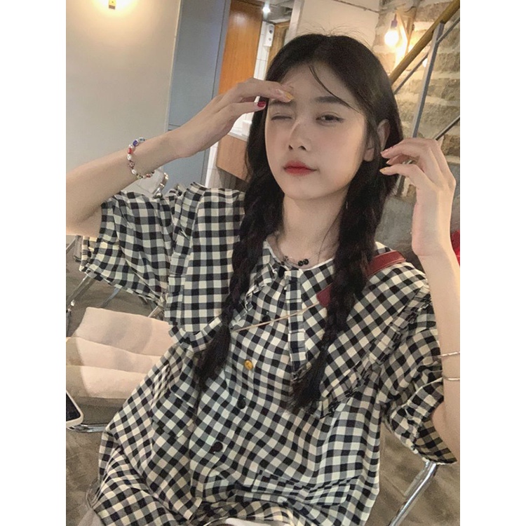 Áo Sơ Mi Tay Ngắn Phồng Cổ Búp Bê Họa Tiết Kẻ Sọc Ngọt Ngào Thời Trang Mùa Hè Cho Nữ